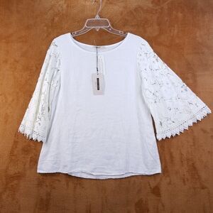 LUNGO L'ARNO Womens Top Small White Pullover Lace Crochet Wide Sleeve 100% Linen